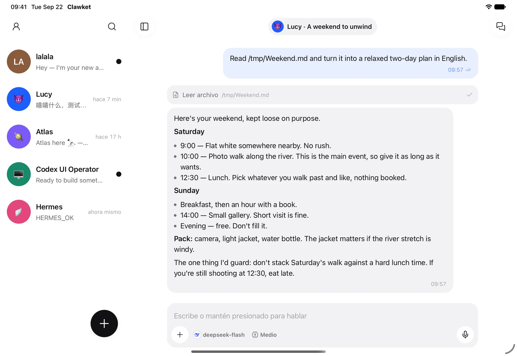 Clawket en iPad con agentes y conversación lado a lado