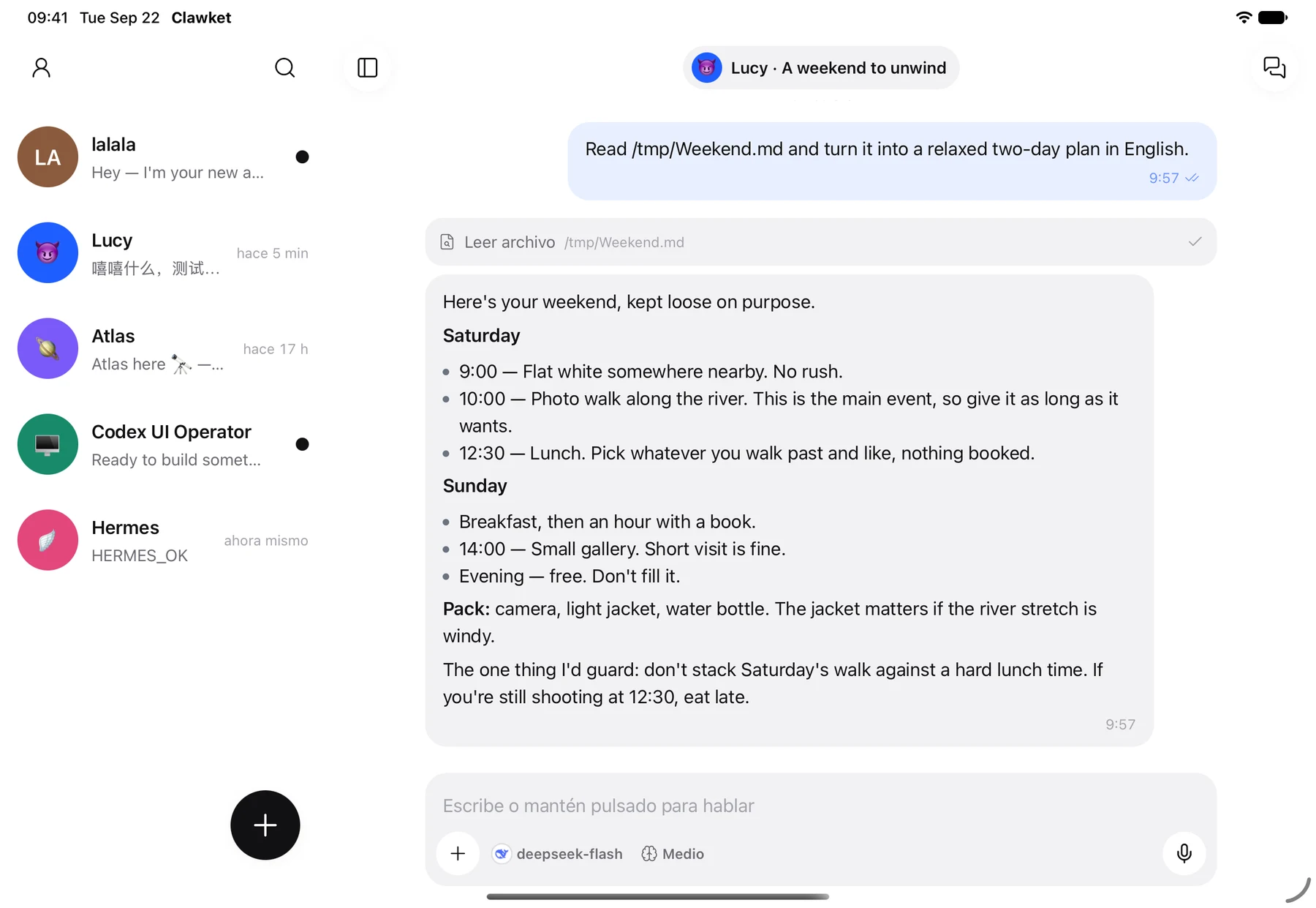 Clawket en iPad con agentes y conversación lado a lado